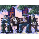 George Callaghan - A CHAT ON THE BENCH IN THE VILLAGE SQUARE - Oil & Acrylic on Canvas - 12 x 16