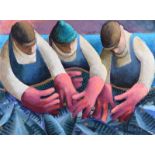 George Callaghan - UNLOADING THE NETS - Oil & Acrylic on Canvas - 18 x 24 inches - Signed