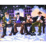 George Callaghan - FOUR ON THE PARK BENCH - Oil & Acrylic on Canvas - 10 x 12 inches - Signed