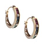 10CT GOLD RUBY, EMERLAD, DIAMOND AND SAPPHIRE HOOP EARRINGS