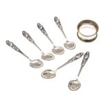 SIX SILVER TEASPOONS AND A SILVER NAPKIN RING