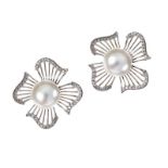 18CT WHITE GOLD DIAMOND AND PEARL FLORAL EARRINGS