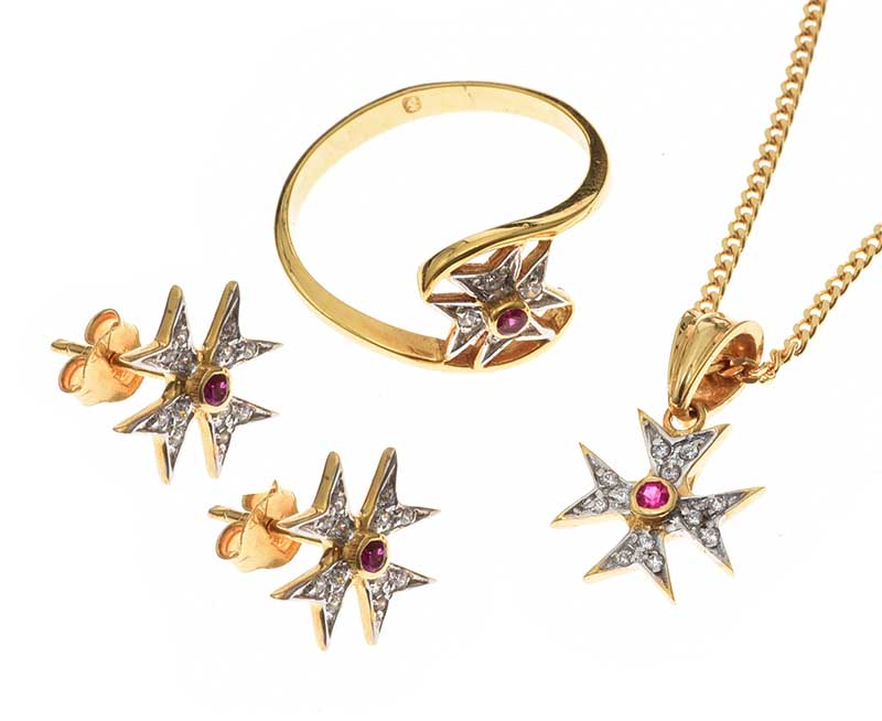 SUITE OF 18CT GOLD MALTESE CROSS RUBY AND DIAMOND JEWELLERY