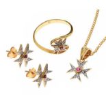 SUITE OF 18CT GOLD MALTESE CROSS RUBY AND DIAMOND JEWELLERY