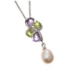 STERLING SILVER PEARL, PERIDOT AND AMETHYST NECKLACE