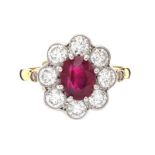 18CT GOLD RUBY AND DIAMOND CLUSTER RING