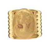 YELLOW METAL RING WITH EMBOSSED CAMEO