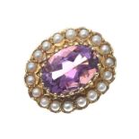 9CT GOLD AMETHYST AND PEARL BROOCH