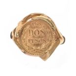 DOS PESOS COIN 1945 14CT GOLD MOUNTED RING
