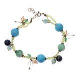 STERLING SILVER PERIDOT, TURQUOISE, FREHWATER PEARL BRACELET