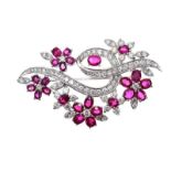1960'S 18CT WHITE GOLD RUBY AND DIAMOND BROOCH