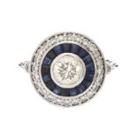 18CT WHITE GOLD SAPPHIRE AND DIAMOND TARGET RING