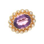 14CT GOLD PEARL AND AMETHYST BROOCH