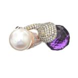 18CT GOLD FRESHWATER PEARL, DIAMOND AND AMETHYST RING