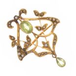 9CT GOLD PERIDOT AND PEARL PENDANT/BROOCH