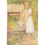 Frank McKelvey, RHA RUA - GIRL BY THE WATER WELL - Watercolour Drawing - 14 x 10 inches - Signed