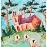 Trevor Brown - THREE SHEEP BY A CHURCH - Oil on Board - 17 x 17 inches - Signed