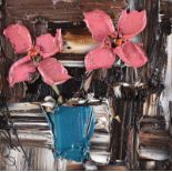 Colin Flack - PINK FLOWERS IN A BLUE VASE - Oil on Glass - 5.5 x 5.5 inches - Signed