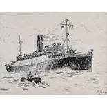 D. Rainey - BRITISH FRIGATE - Pen & Ink Drawing - 9 x 11 inches - Signed