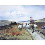 Charles McAuley - DRIVING SHEEP - Coloured Print - 6 x 8 inches - Unsigned