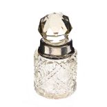 CUT GLASS PERFUME BOTTLE WITH STOPPER AND SILVER COLLAR