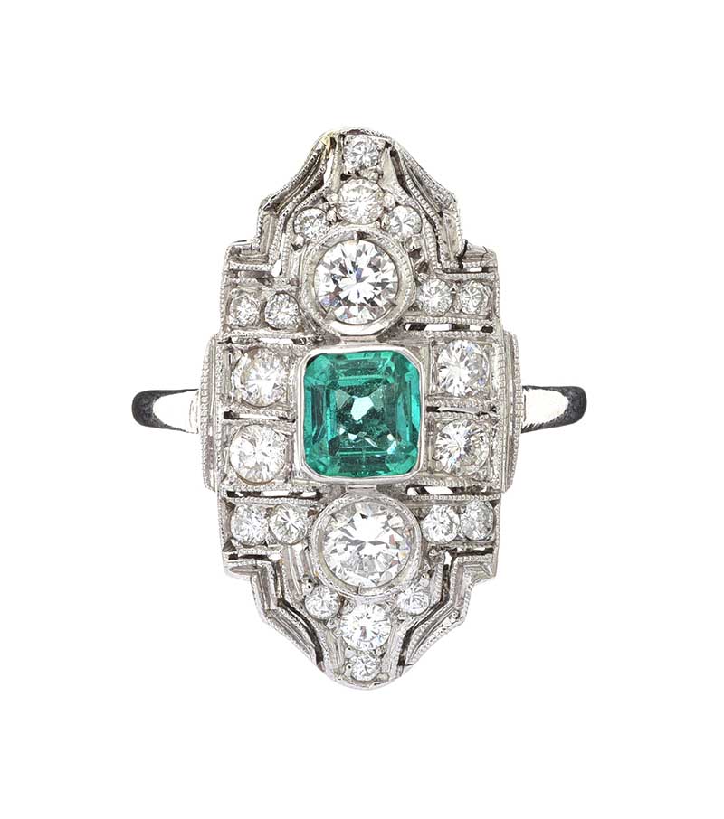 18CT WHITE GOLD EMERALD AND DIAMOND RING