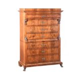 FEATHERED MAHOGANY BIEDERMEIER SECRETAIRE CHEST OF DRAWERS