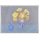 Bernard Myers, RA - CHRYSANTHEMUMS & BLUE VASE - Oil on Paper - 21 x 29 inches - Signed