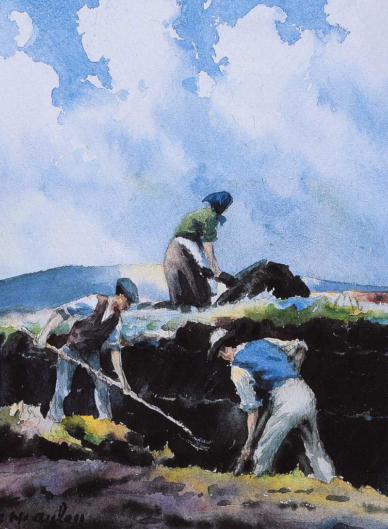 Charles McAuley - CUTTING TURF IN THE BOG - Coloured Print - 8 x 6 inches - Unsigned