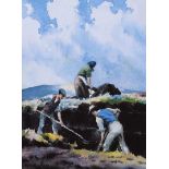 Charles McAuley - CUTTING TURF IN THE BOG - Coloured Print - 8 x 6 inches - Unsigned