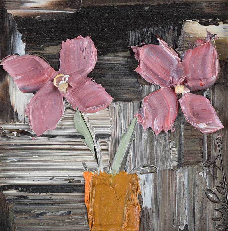 Colin Flack - PINK FLOWERS IN A YELLOW VASE - Oil on Glass - 5.5 x 5.5 inches - Signed