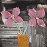 Colin Flack - PINK FLOWERS IN A YELLOW VASE - Oil on Glass - 5.5 x 5.5 inches - Signed