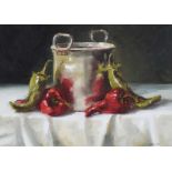 Lorraine Christie - STILL LIFE, POT & PEPPERS - Oil on Canvas - 10 x 14 inches - Signed