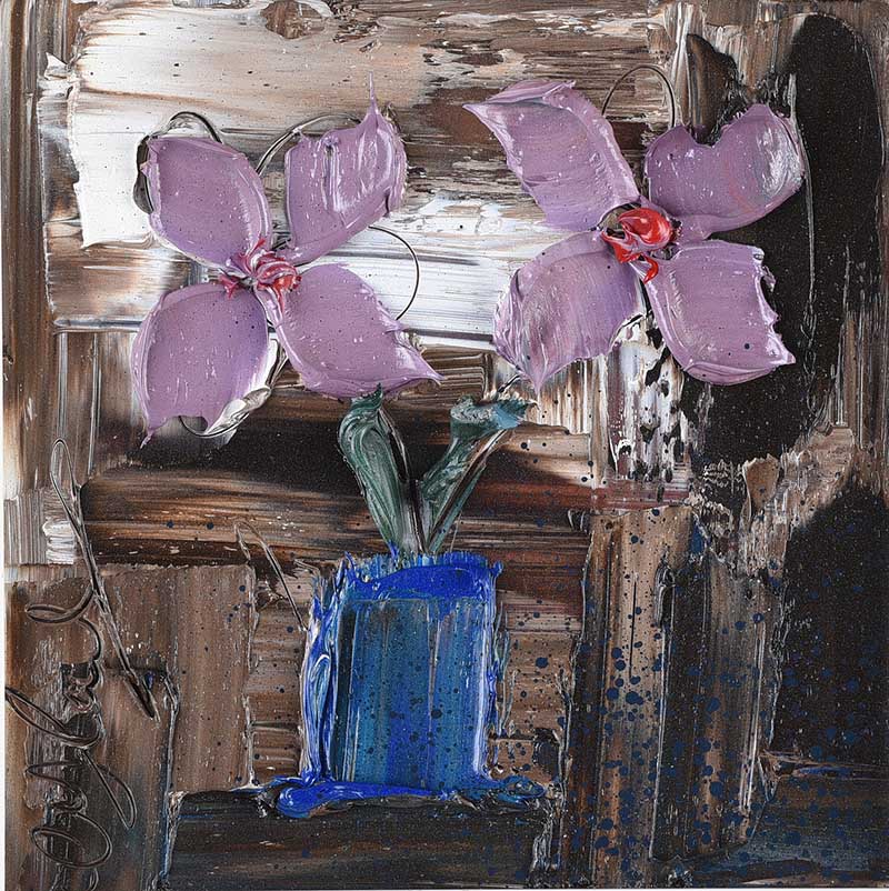 Colin Flack - PURPLE FLOWERS IN A BLUE VASE - Oil on Glass - 5.5 x 5.5 inches - Signed