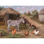 Edgar Hunt - DONKEYS & CHICKEN IN THE FARMYARD - Oil on Canvas - 22 x 30 inches - Signed