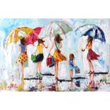 Lorna Millar - GIRLS ABOUT TOWN - Oil on Board - 20 x 30 inches - Signed