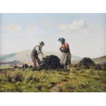 Charles McAuley - STACKING TURF, BOG IN THE GLENS - Oil on Canvas - 13 x 18 inches - Signed