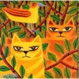 Graham Knuttel - TWO CATS & A BIRD - Oil on Canvas - 12 x 12 inches - Signed