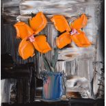 Colin Flack - ORANGE FLOWERS IN A VASE - Oil on Glass - 5.5 x 5.5 inches - Signed