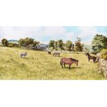 Gerald Walby - HORSES GRAZING, CASTLEREAGH - Oil on Canvas - 18 x 36 inches - Signed