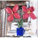 Colin Flack - RED FLOWERS IN A VASE - Oil on Glass - 5.5 x 5.5 inches - Signed