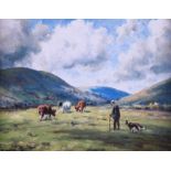 Charles McAuley - TENDING CATTLE - Coloured Print - 6 x 8 inches - Unsigned