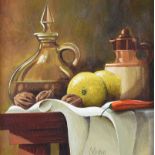 George Callaghan - STILL LIFE, STONEWARE JUG & DECANTER - Oil & Acrylic on Canvas - 10 x 10 inches -