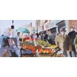 Joseph Hynes - THE FRUIT & VEG STALL - Watercolour Drawing - 6 x 12 inches - Signed