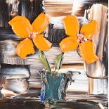 Colin Flack - YELLOW FLOWERS IN A VASE - Oil on Glass - 5.5 x 5.5 inches - Signed