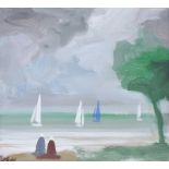 Markey Robinson - WATCHING THE BOATS - Gouache on Board - 11 x 13 inches - Signed
