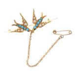 ANTIQUE GOLD-TONE SEED PEARL AND TURQUOISE BROOCH