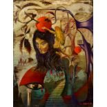 Yan Clulow, British, late 20th century/early 21st century- Woman in a Surrealist landscape; oil on