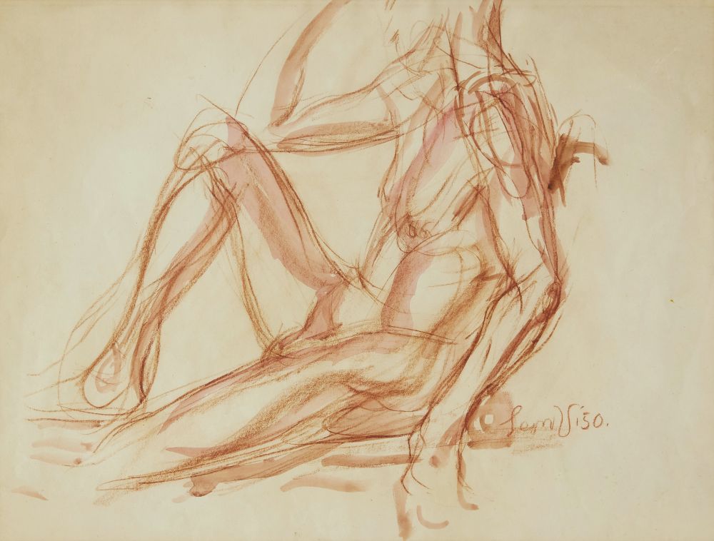 Leon Underwood, British 1890-1975- Seated male nude (torso study); red chalk and wash, signed Leon