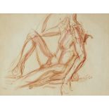 Leon Underwood, British 1890-1975- Seated male nude (torso study); red chalk and wash, signed Leon